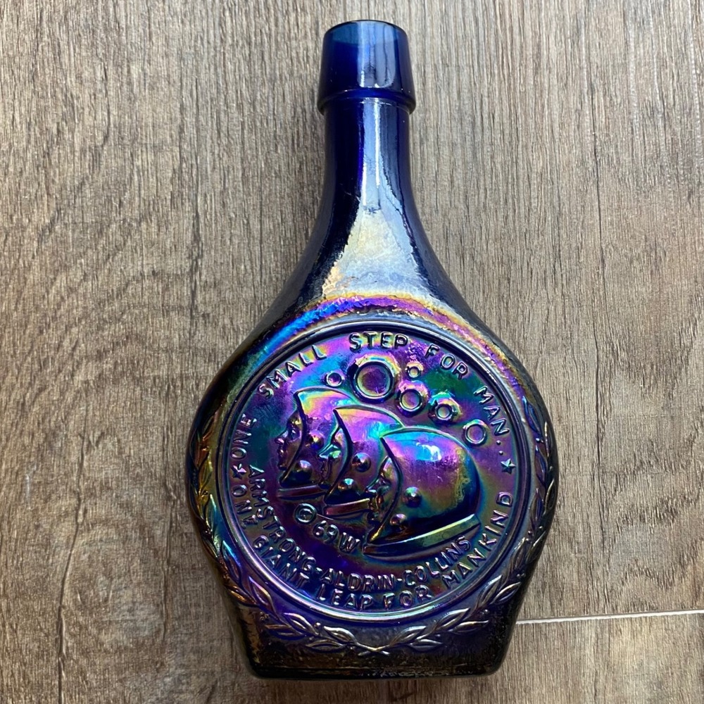 Wheaton Glass Apollo 11 Moon Landing Blue Carnival Iridescent Bottle 1969 VTG